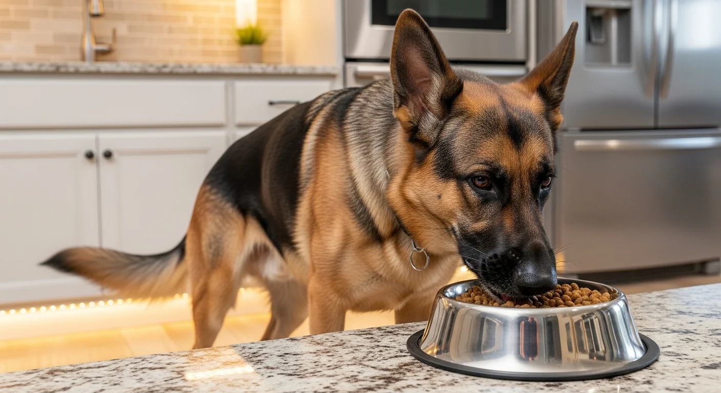 Berger Allemand mangeant une alimentation premium dans un bol