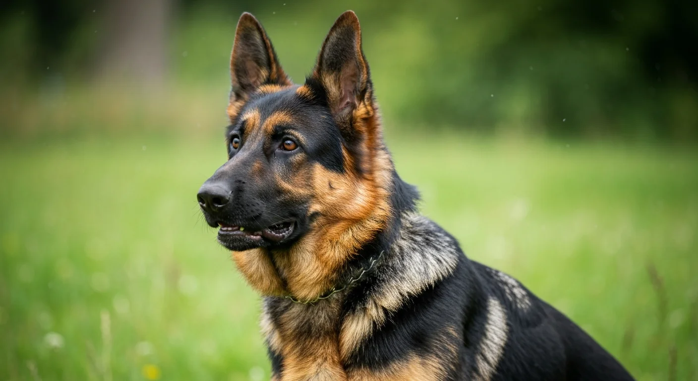 Un pedigree canin posé à plat sur une table en bois clair, près d'un stylo et d'une loupe, lumière naturelle venant d'une fenêtre latérale, cadrage serré sur le document.