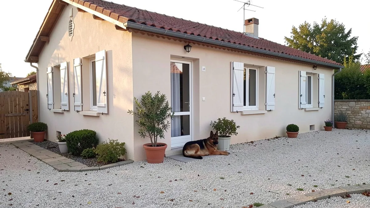 Maison sobre à façade claire avec sa cour, un berger allemand couché près de la porte