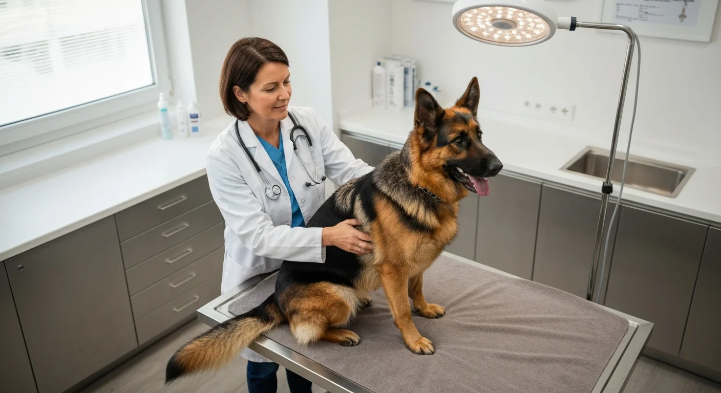 Un carnet de santé vétérinaire ouvert sur une table en bois clair, à côté d'une brosse à dents pour chien et d'un flacon de comprimés antiparasitaires, lumière naturelle de fin de 