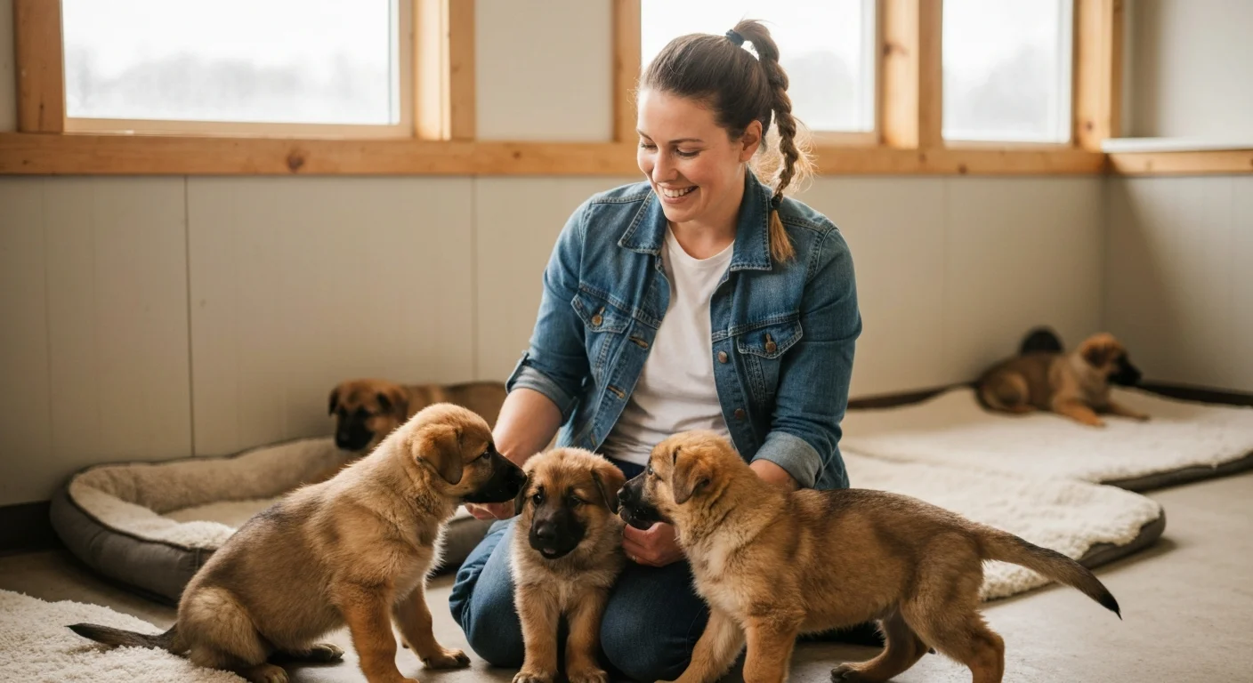 Un carnet de vaccination de chiot ouvert sur une table en bois clair, près d'une laisse posée et d'une gamelle en inox, lumière naturelle de fin de matinée entrant par une fenêtre 