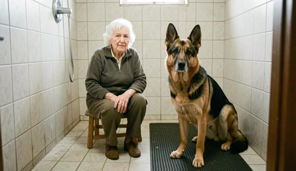 Femme âgée assise sur un tabouret dans une douche de plain-pied carrelée, un vieux berger allemand debout sur un tapis antidérapant à côté d'elle