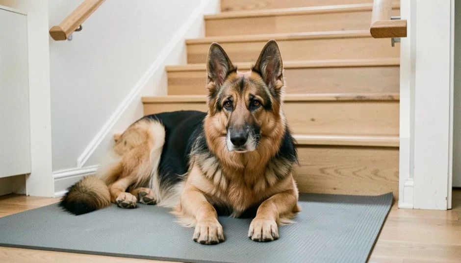 Vieux berger allemand au museau gris couché sur un tapis antidérapant dans un couloir clair, deux marches et une rampe derrière lui